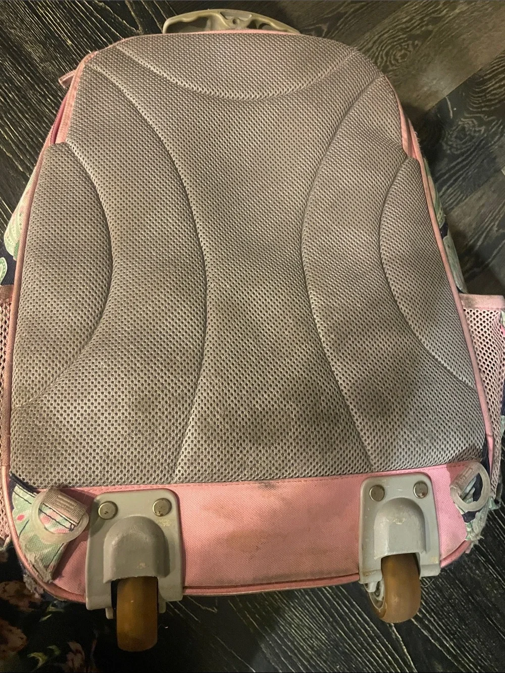 Pottery Barn Kids Navy Peacock-Print Rolling Backpack with Pink Trim